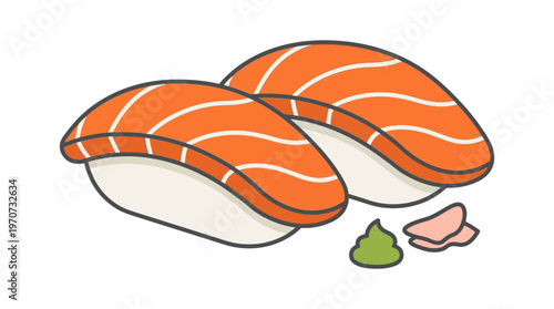 Minimal flat vector illustration of sushi with fish topping (generic, no specific brand style), Japanese food concept, clean outline