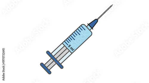 Simple flat vector of a syringe with a small drop at needle tip, injection moment concept, clean outline, minimal detail, limited colors
