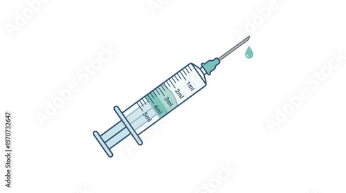 Simple flat vector of a syringe with a small drop at needle tip, injection moment concept, clean outline, minimal detail, limited colors