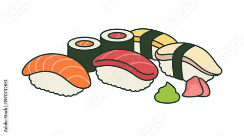Minimal flat vector illustration of sushi with fish topping (generic, no specific brand style), Japanese food concept, clean outline