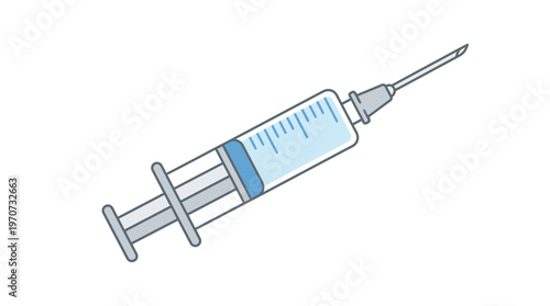 Simple flat vector of a syringe with a small drop at needle tip, injection moment concept, clean outline, minimal detail, limited colors