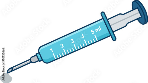 Simple flat vector of a syringe with a small drop at needle tip, injection moment concept, clean outline, minimal detail, limited colors