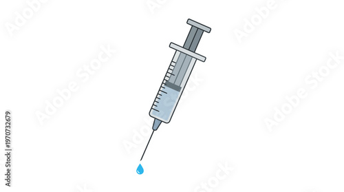 Simple flat vector of a syringe with a small drop at needle tip, injection moment concept, clean outline, minimal detail, limited colors