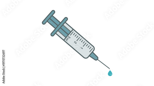 Simple flat vector of a syringe with a small drop at needle tip, injection moment concept, clean outline, minimal detail, limited colors