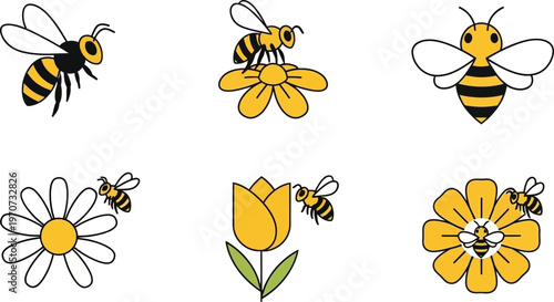 Collection of cute bee and flower icons simple flat vector illustrations for spring and summer themes isolated on white background