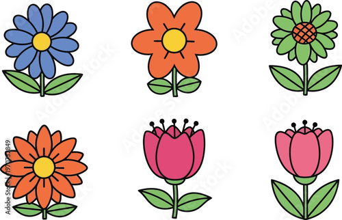 Collection of colorful flower icons simple flat vector illustrations for spring and summer design isolated on white background