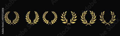 Golden laurel wreath award icons collection on black background
