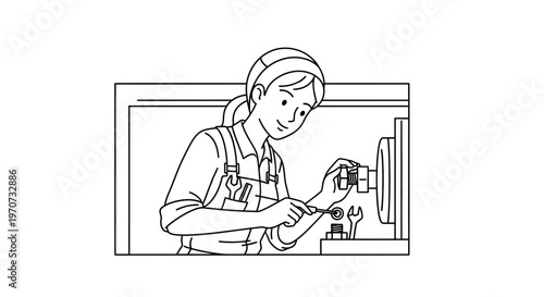 Female Mechanic Working on Lathe Machine in Workshop