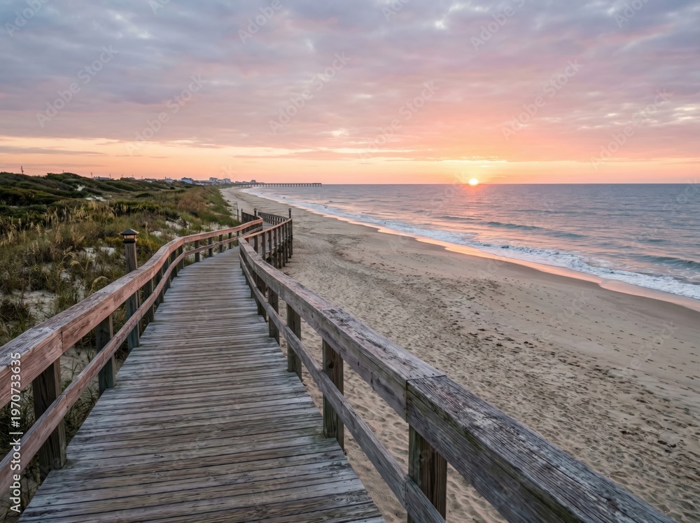 Obraz premium A captivating coastal landscape unveils a boardwalk path, leading toward the horizon, under a sky awash with the warm hues of sunrise.