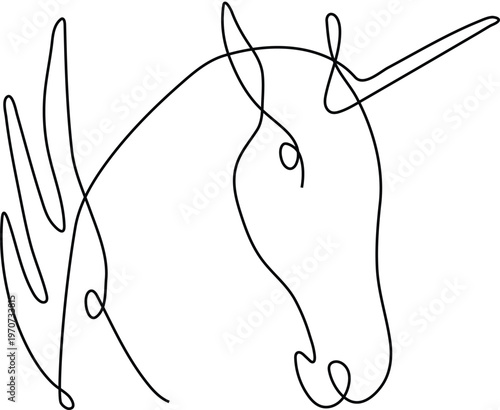 Minimalist Continuous Line Illustration of Unicorn Head Representing Fantasy Mythology and Abstract Elegance Concept