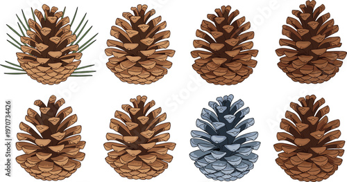 Illustration Set of Pinecones in Various Styles and Colors with Green Needles for Nature, Forest, and Seasonal Designs