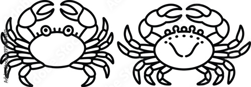 Two cartoon crabs, simple line art icons of sea creatures, vector illustration