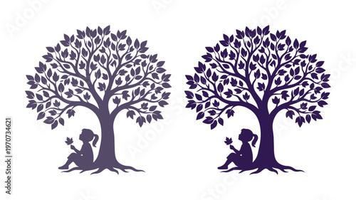 Silhouette of girl sitting under a tree, purple leafy tree vector illustration, child reading or resting by a large oak tree, set of 2 icons