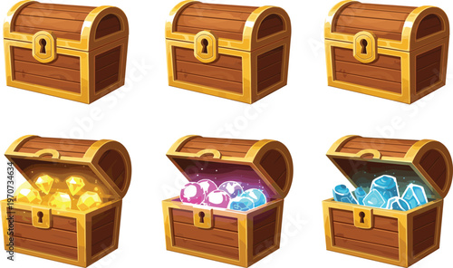 Illustration Set of Treasure Chests with Gems and Gold for Fantasy, Adventure, and Game Design