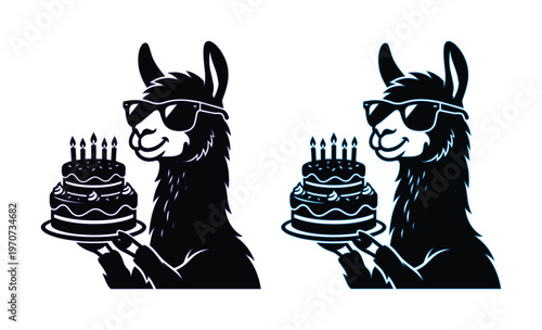 Funny llama wearing sunglasses holding birthday cake vector, cool alpaca character with tiered dessert, black and white animal mascot illustration