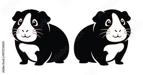 Minimalist guinea pig vector illustration, cute black and white cavy pet characters, stylized rodent animal icons for veterinary and pet care branding