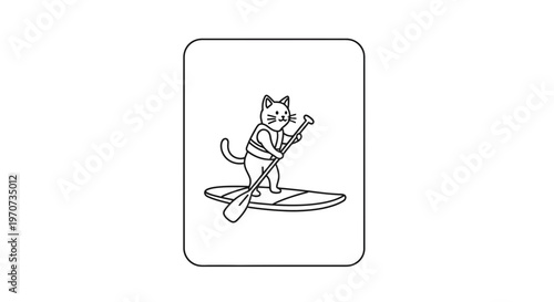 Cute Cat Paddleboarding, Line Art Illustration