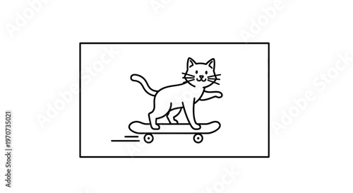 Cute Cat Riding Skateboard, Cartoon Style, Black and White, Dynamic Motion