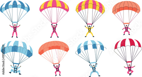 Parachuting Action Set with Colorful Parachutes and Skydivers in Various Poses for Extreme Sports, Adventure, and Outdoor Designs