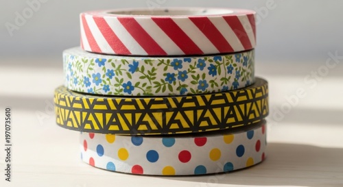 A stack of colorful washi tapes on a gray background