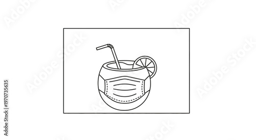 Coconut drink with face mask and lemon slice, summer vacation during pandemic