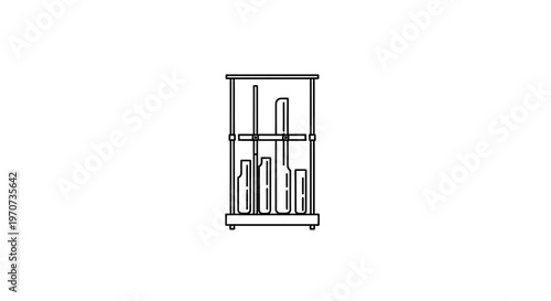 Collection of billiard cues in a rack, black and white line drawing