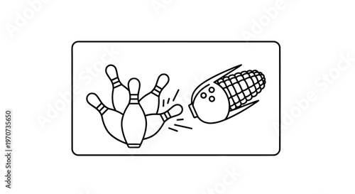 Corn Cob Bowling Ball Knocking Over Pins, Funny Food Sport Concept