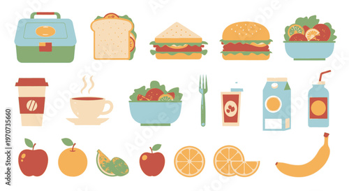 Lunch Break Clipart Set Flat Design Food Drink Collection Healthy Meal Icons
