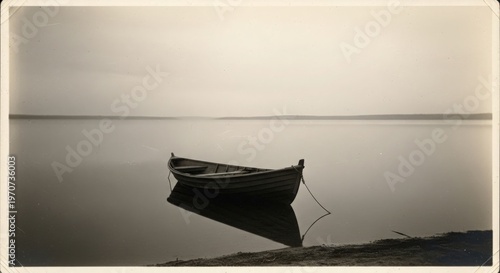 a small boat sitting on the shore of a large body of water in the morning