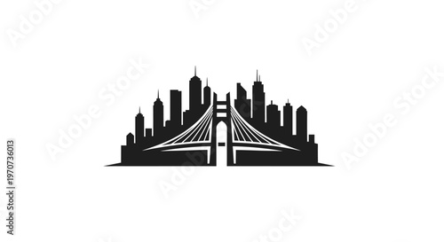 City skyline with suspension bridge silhouette.