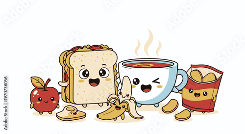 Lunch Break Clipart Funny Cute Food Characters Coffee Snack Cartoon Collection