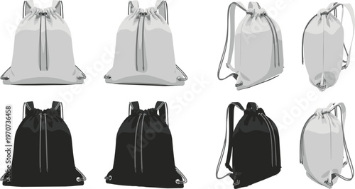 Set of Drawstring Backpacks in White, Black, and Gray Colors for Fashion, Lifestyle, and Accessories Designs
