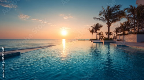 Luxury outdoor infinity swimming pool overlooking sea ocean beach at sunset sunrise time, tranquil tropical resort travel destination with glowing sky reflections, serene vacation atmosphere, scenic c