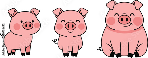 Cute Cartoon Pig Character Set with Different Poses and Expressions for Kids Illustration, Farm Animal Mascot, Sticker Design, and Adorable Vector Collection