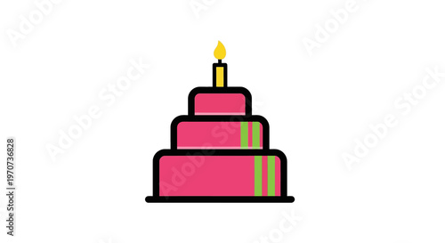 A three-tiered pink celebratory cake with green bands and a lit yellow candle