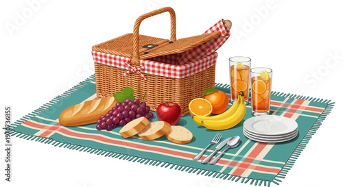 A delightful outdoor picnic scene with a traditional wicker basket filled with fresh fruits, bread, and refreshing drinks spread on a striped blanket, perfect for a leisurely summer meal
