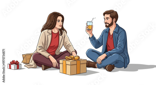 A thoughtful couple exchanges gifts and drinks, celebrating a special occasion with joy and affection