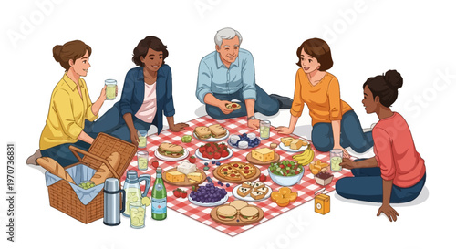 Diverse group of friends enjoying a delightful outdoor picnic together, sharing food and conversation on a sunny day