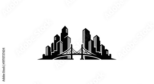 Cityscape silhouette with bridge and skyscrapers.