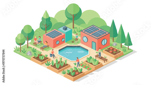 Isometric illustration of a sustainable community with solar panels and urban vegetable gardens