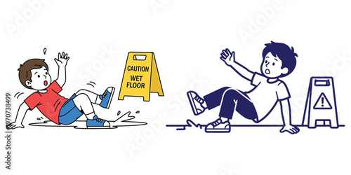 Safety concept illustration of young boy slipping on wet floor next to yellow caution sign shown in full color and monochrome blue outline for awareness poster.