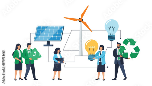 Flat Vector Illustration of a Professional Team Collaborating on Renewable Energy Solutions, Featuring Solar Panels, Wind Turbines, Light Bulbs, and Recycling Symbols.
