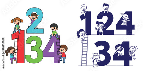 Children climbing large numbers 1 2 3 4, learning numbers, counting activity, playful kids, math education, colorful and outline versions, concept of learning.