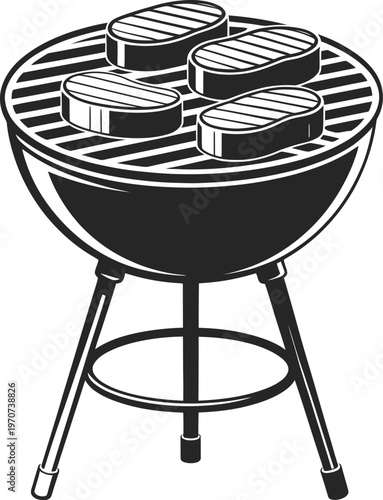 Black and white illustration of a charcoal grill with four steaks cooking on the grate
