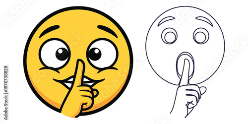 Silencing emoji with finger on lips vector illustration showing shushing gesture in color and outline style for communication design and digital messaging icons.