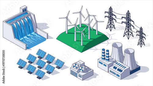 Hydroelectric Dam, Wind Turbines, Solar Panel Array, Nuclear Power Plant, and High-Voltage Power Lines