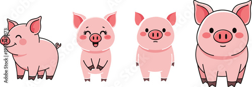 Cute Cartoon Pig Characters Set with Different Expressions and Poses, Adorable Pink Piglets, Farm Animal Mascots, and Simple Vector Illustration Collection