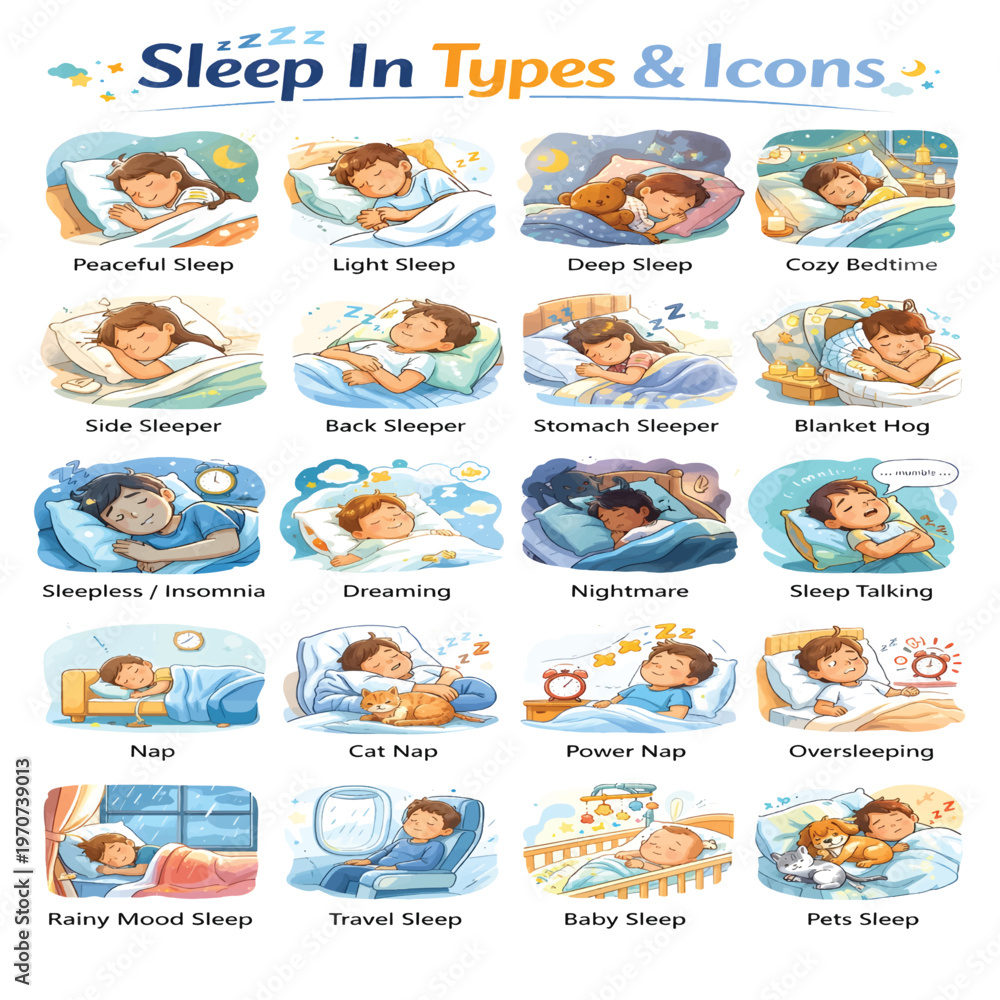 Fototapeta premium Sleep In Type Icons Set, Late Sleep and Rest Lifestyle Symbols Collection, Morning Sleep and Relaxation Line Icons, Daily Routine Vector Pack