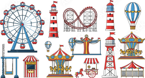 Vintage Amusement Park Icon Set with Ferris Wheel, Roller Coaster, Carousel, and Ticket Booth for Funfair, Entertainment, and Carnival Designs