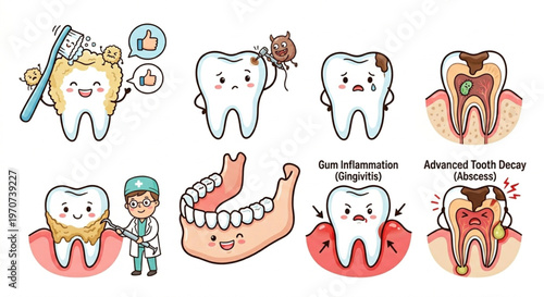 Set of educational dental health icons showing tooth decay stages, plaque buildup, and cavities in cute cartoon style isolated on white background